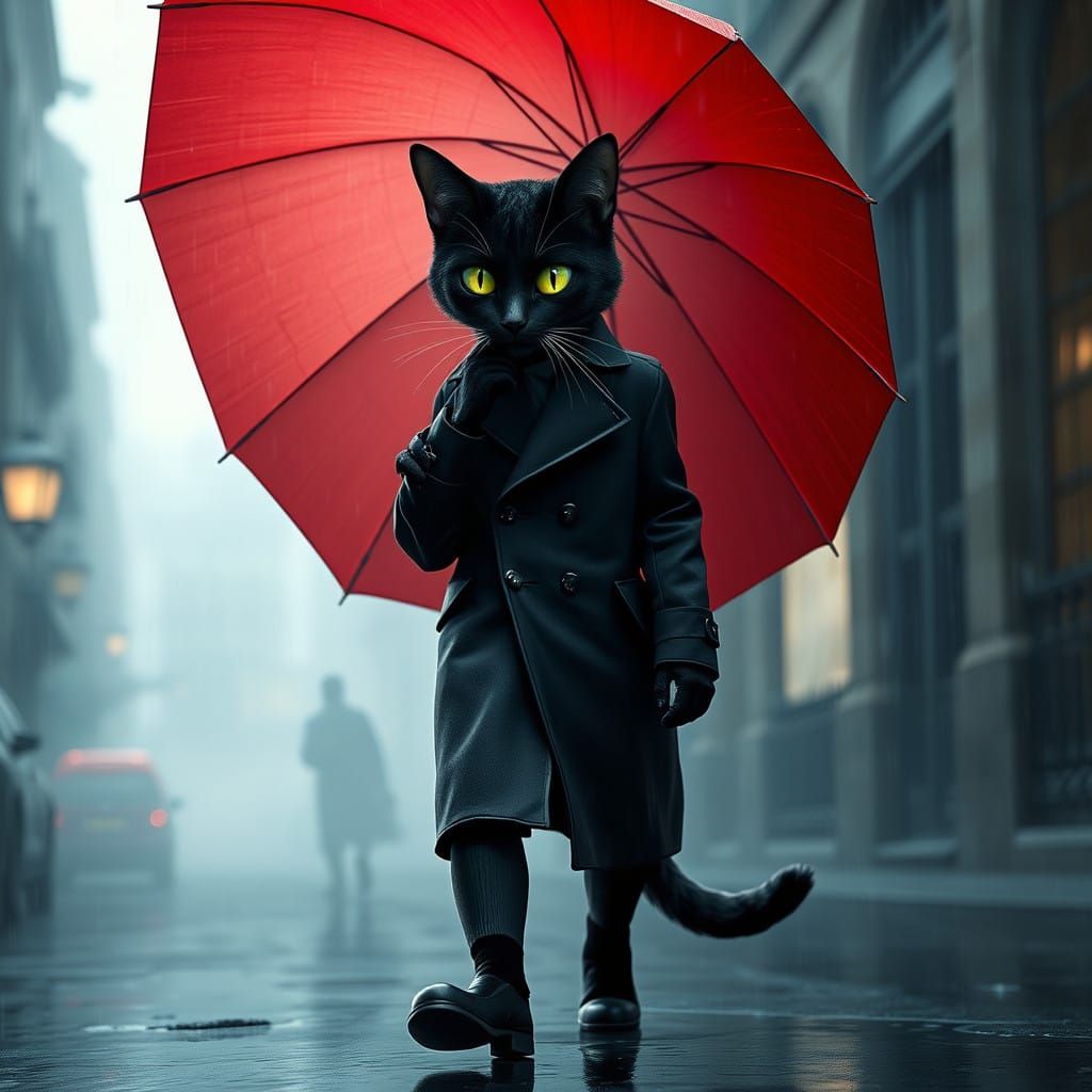 Sleek Feline Adventurer Twirls Umbrella in Rainy Dreamscape