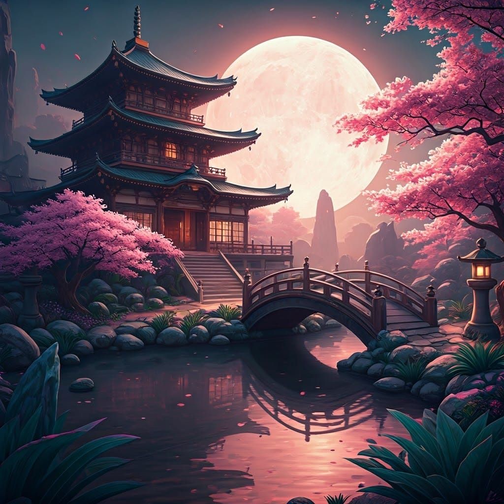 Serenely Lit Japanese Temple by a Tranquil Pond