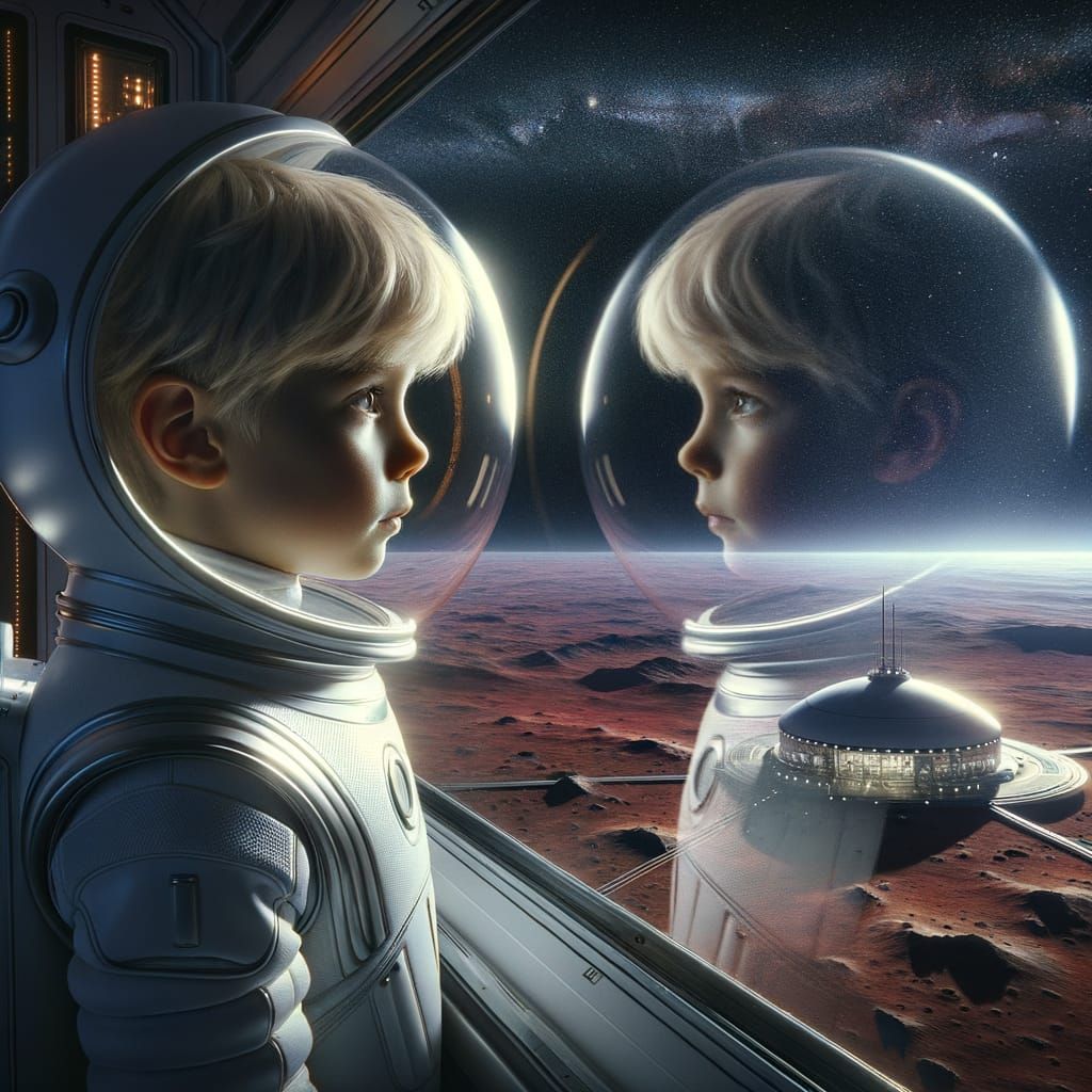 Boy Gazes at Stars from Mars Colony