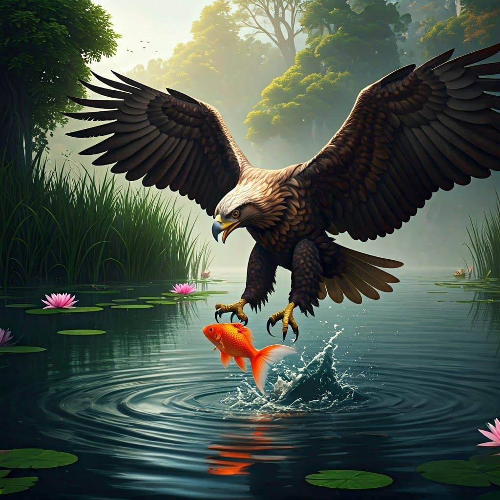 Eagle Dives for Goldfish in Serene Lake Landscape