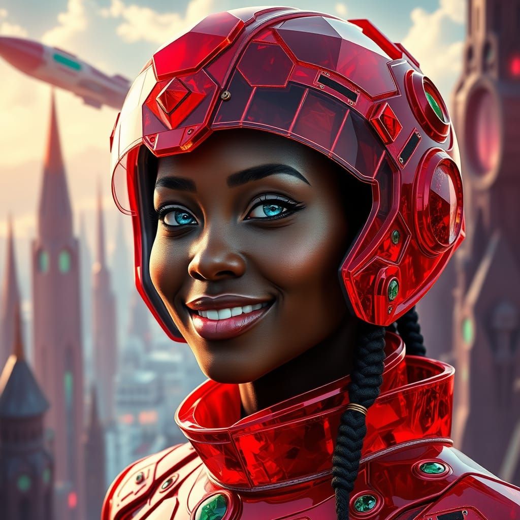 Futuristic Crystal City with Woman in Uniform