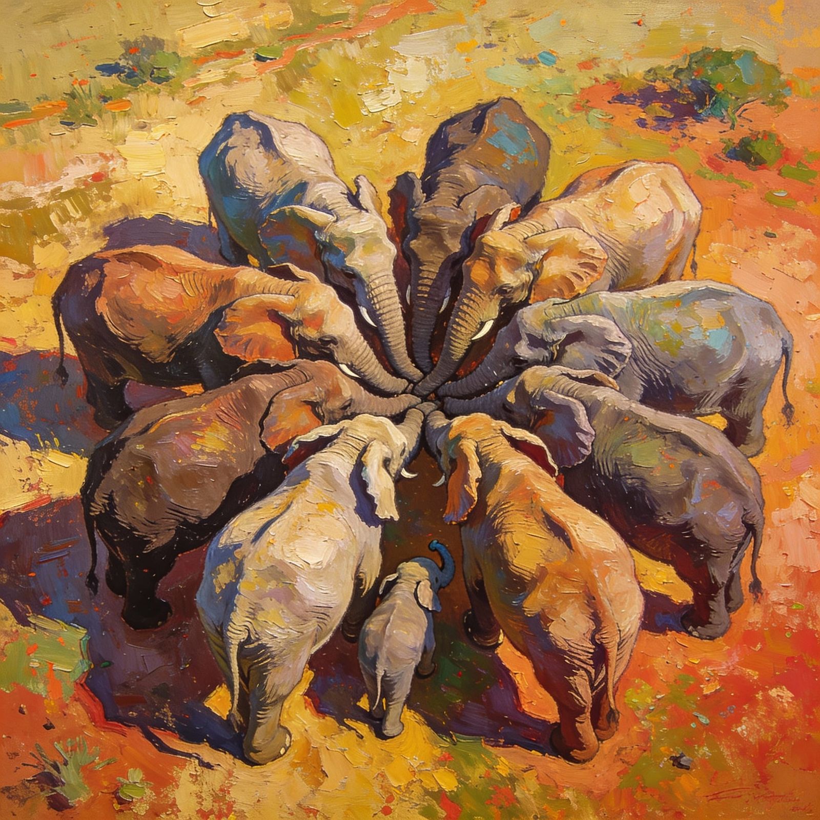 Elephant Family Circle of Trust in African Plains Oil Painti...