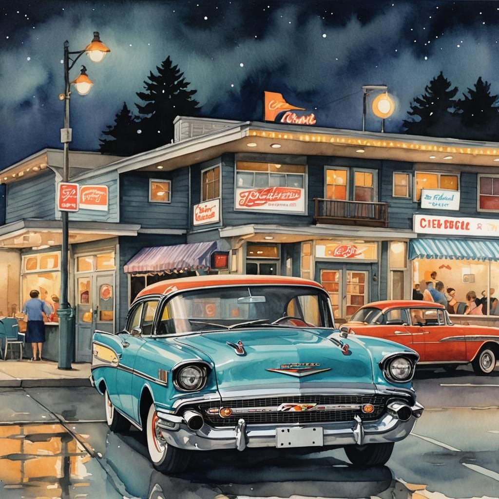 1957 Chevy Diner Scene in Watercolor Style