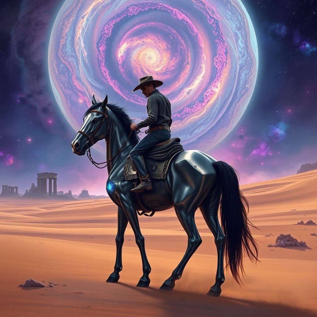 Cybernetic Cowboy in Alien Desert Landscape
