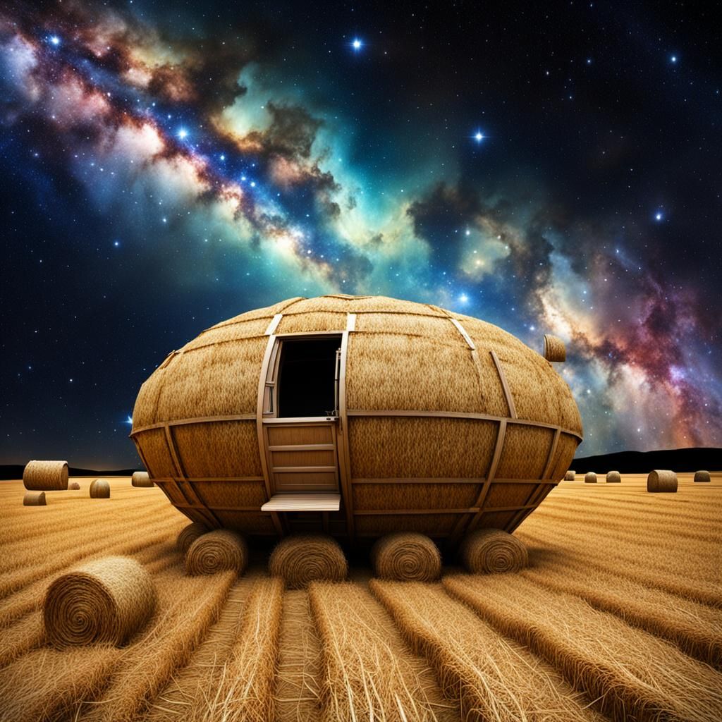 Hay Bale Spaceship Soaring Through Galaxy