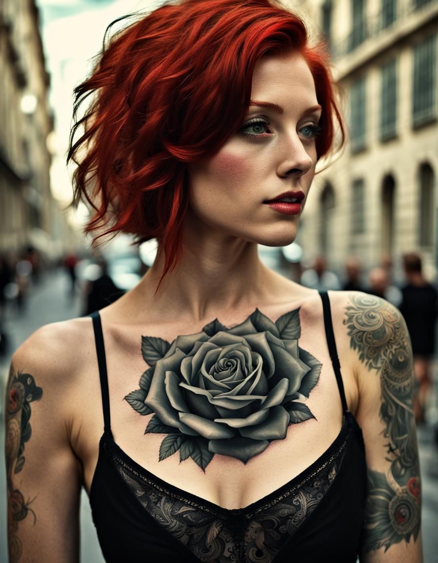 Beautiful Woman with Rose Tattoo in Marseille: Photorealisti...