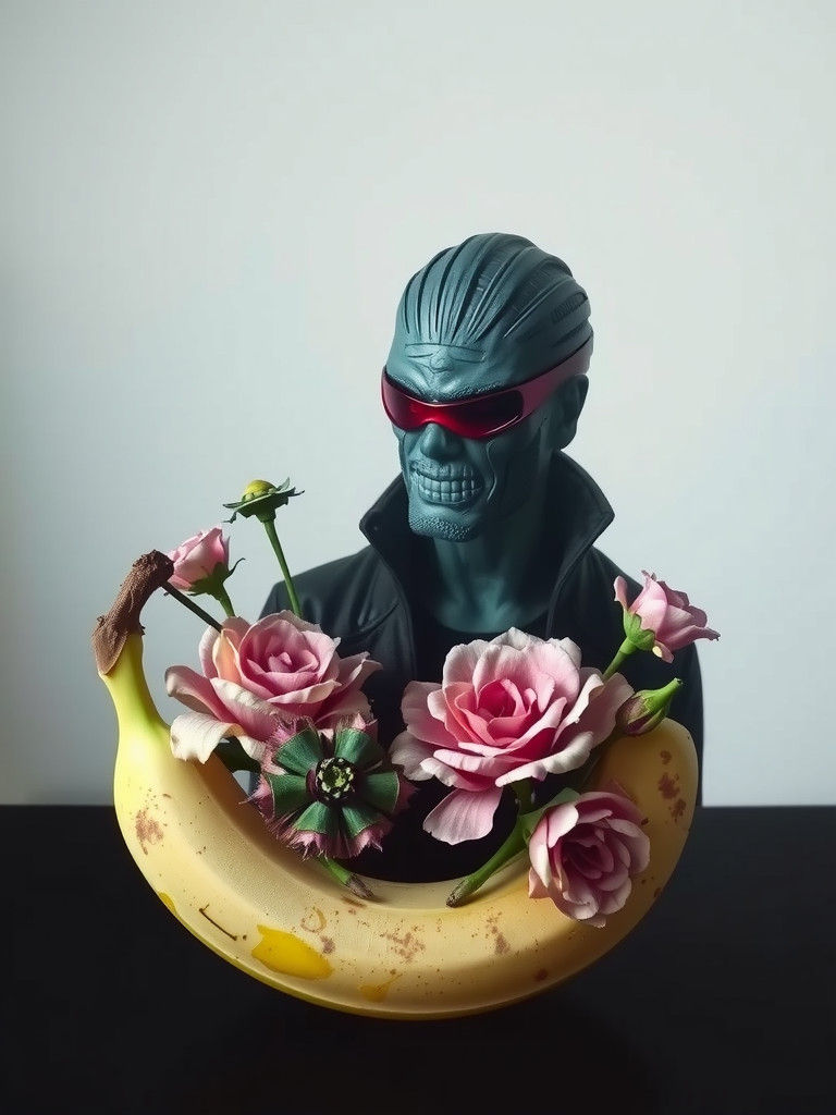 Still Life with Portrait of Judge Dredd. Crystal banana. Flo...