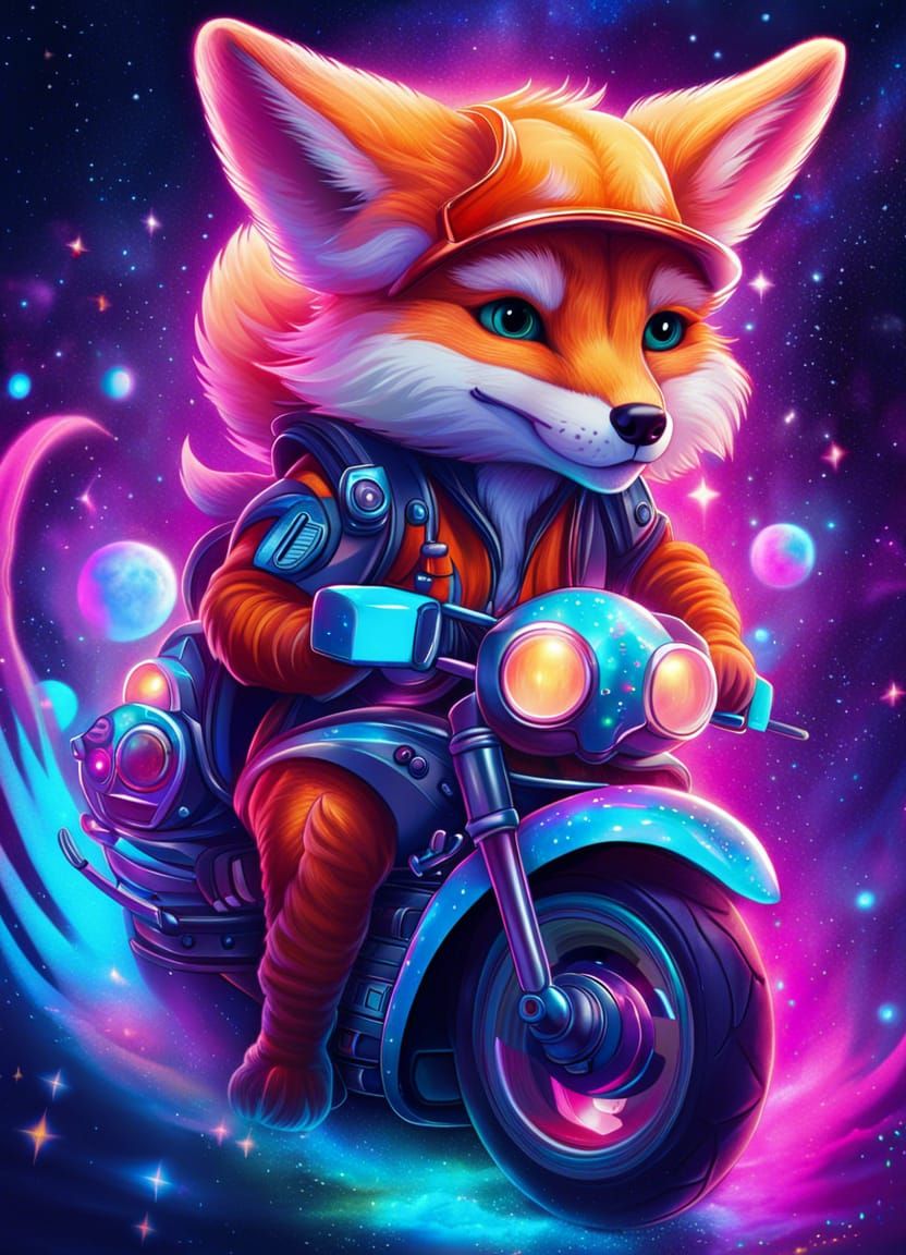 Astral Fox on Motorcycle: Holographic Illustration