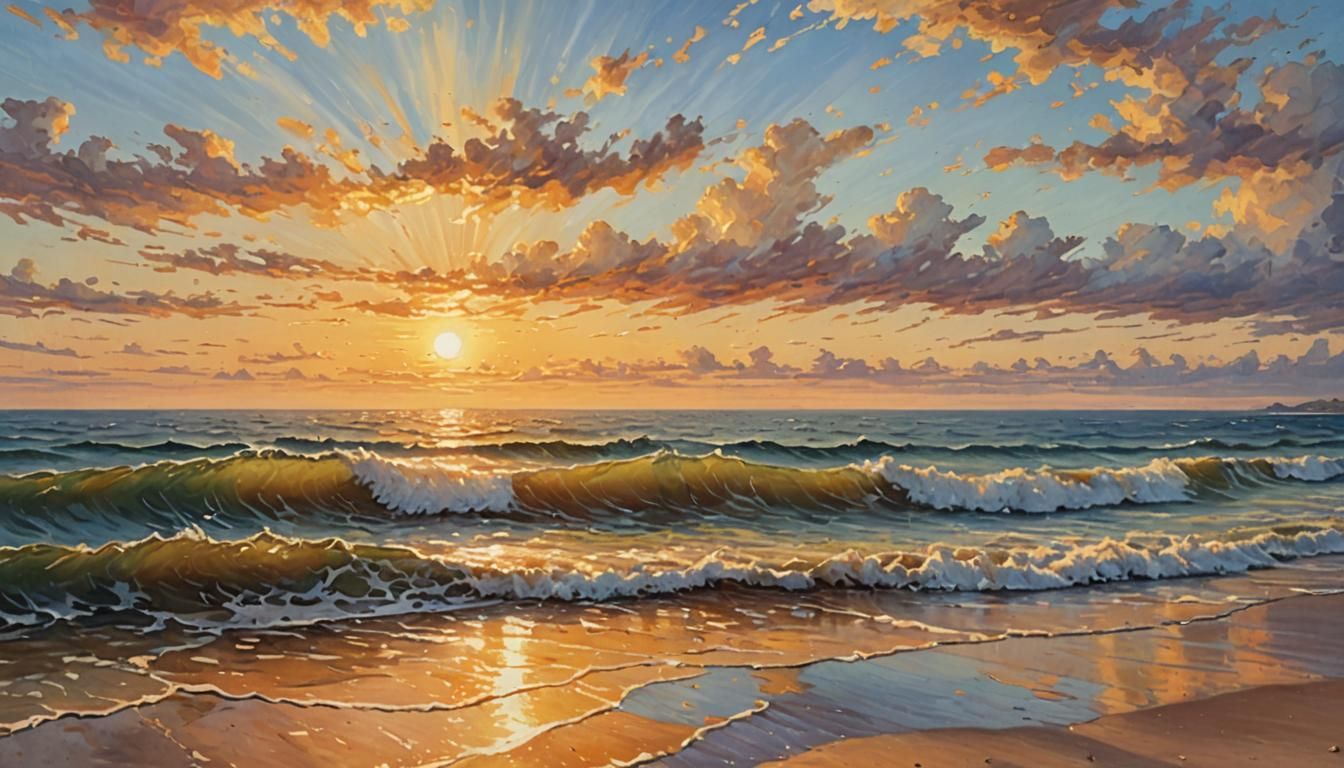 Golden Sunrise Over Ocean as Oil Painting