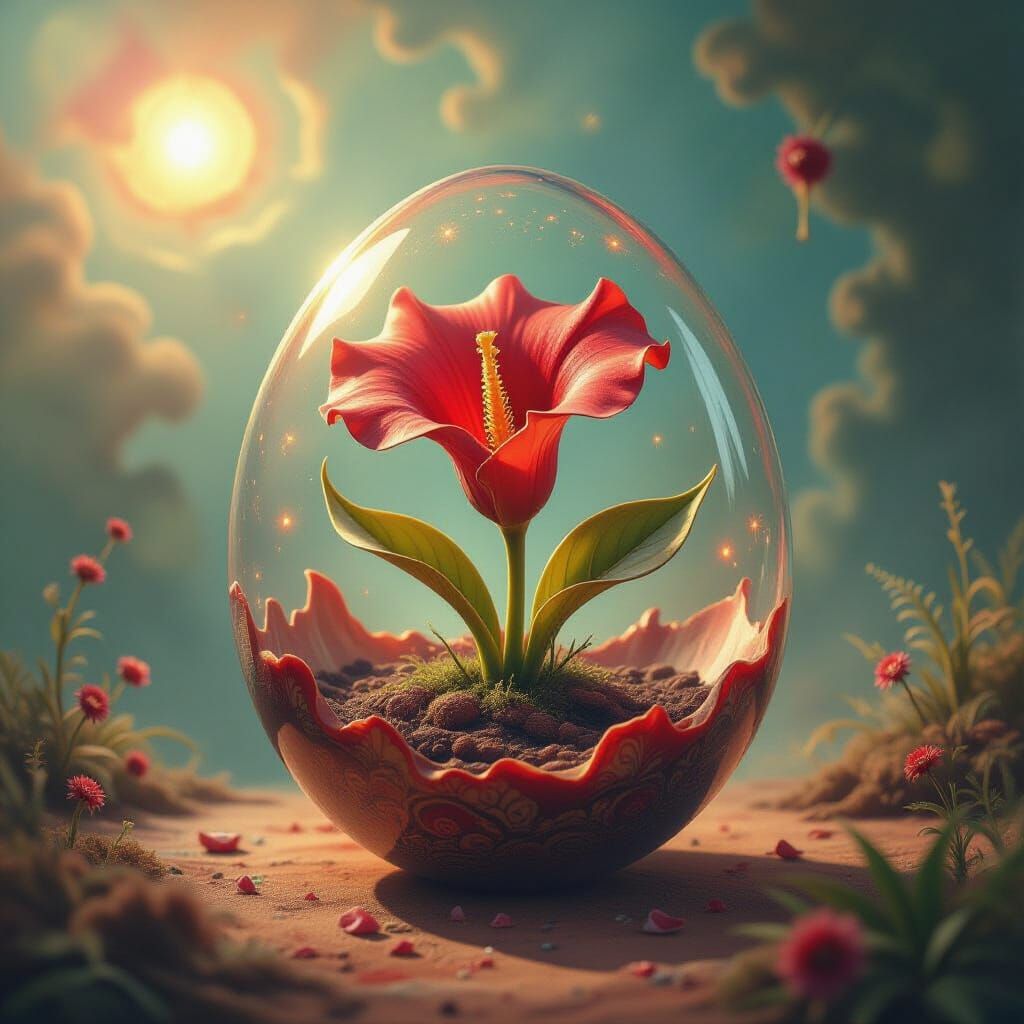Surreal Carnivorous Plant Unfurling in Dreamlike Egg