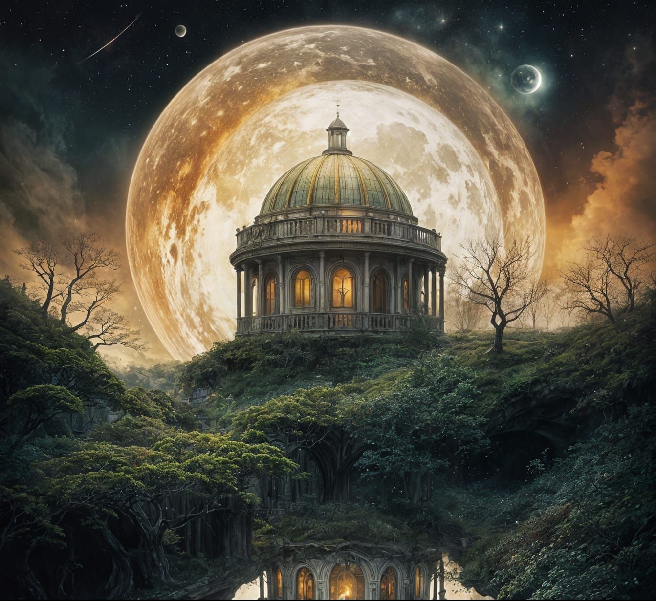 Surreal Observatory Dome with Moon Phases