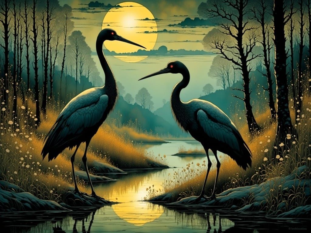 Cranes on Lake Shore in Mignola-Kehoe Style