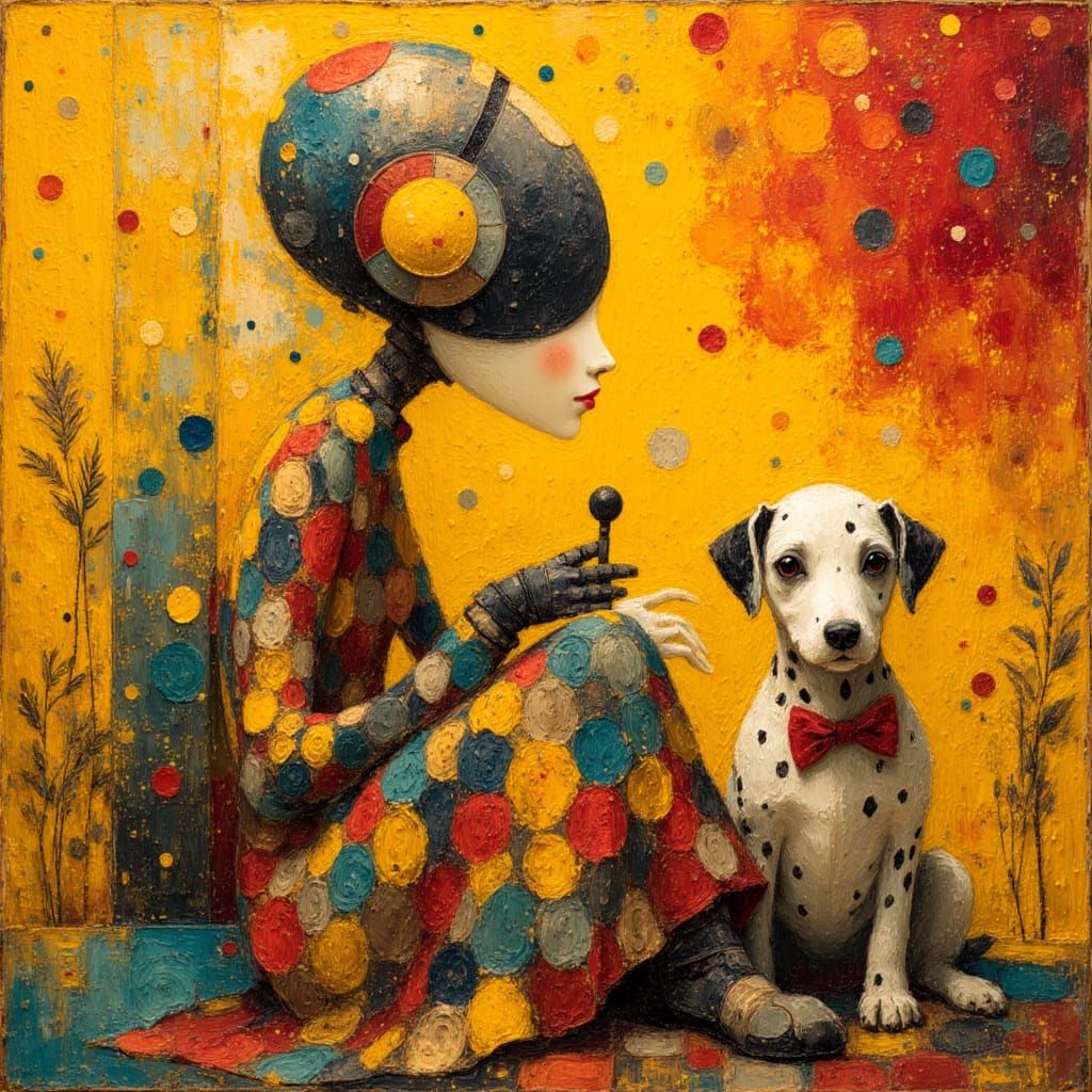 Female Android in Retro Dress with Dalmatian Puppy