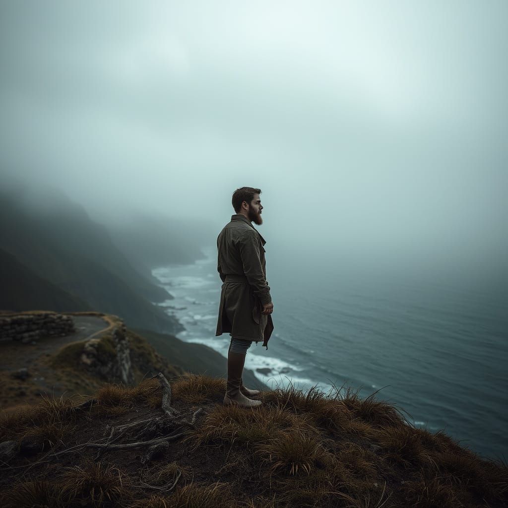 Melancholy Man Gazing at Sea in Dark Fantasy Style