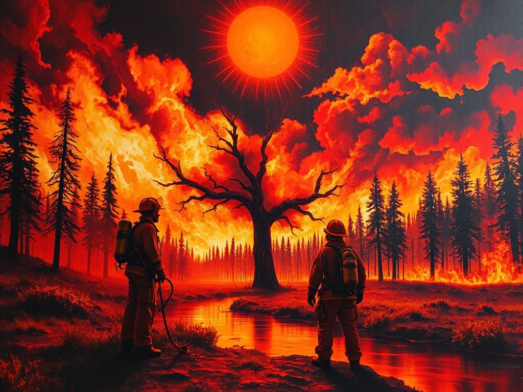 Fiery Inferno: Firefighter in a Surreal Landscape