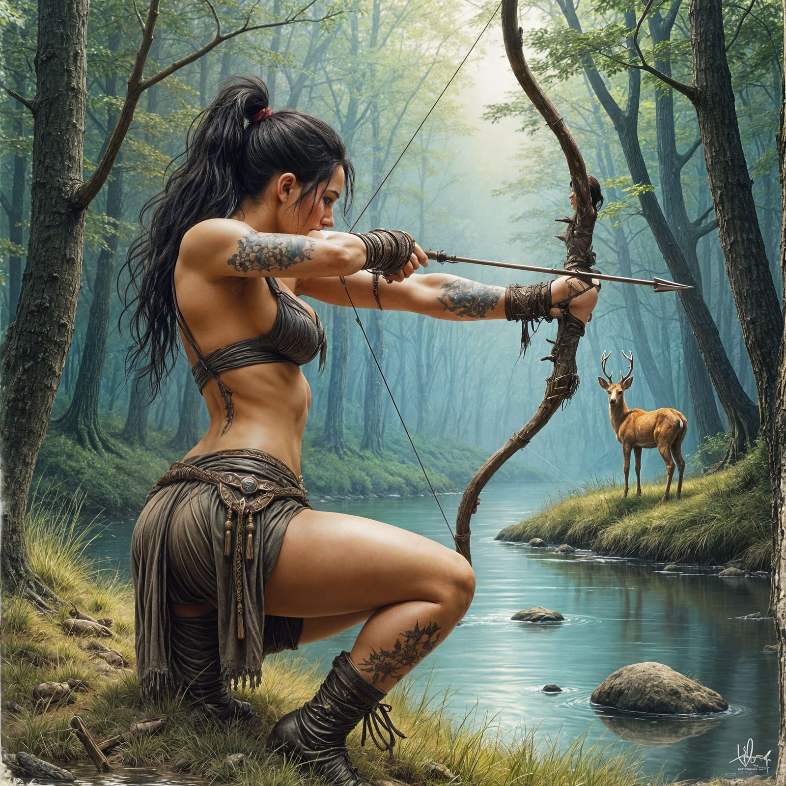 Amazonian Archer in Dark Forest, Pastel Comic Art