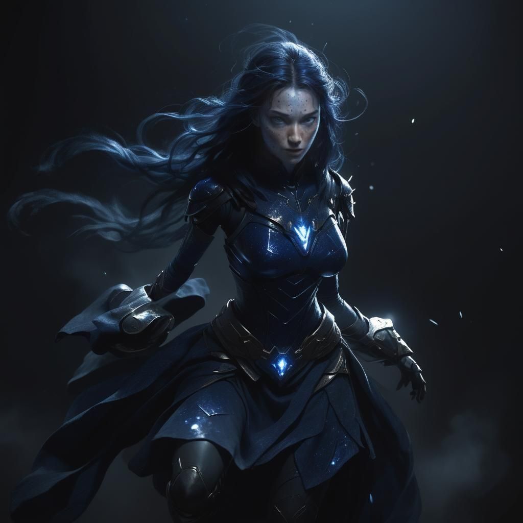 Blue-Skinned Woman's Fierce Spin Kick in the Dark