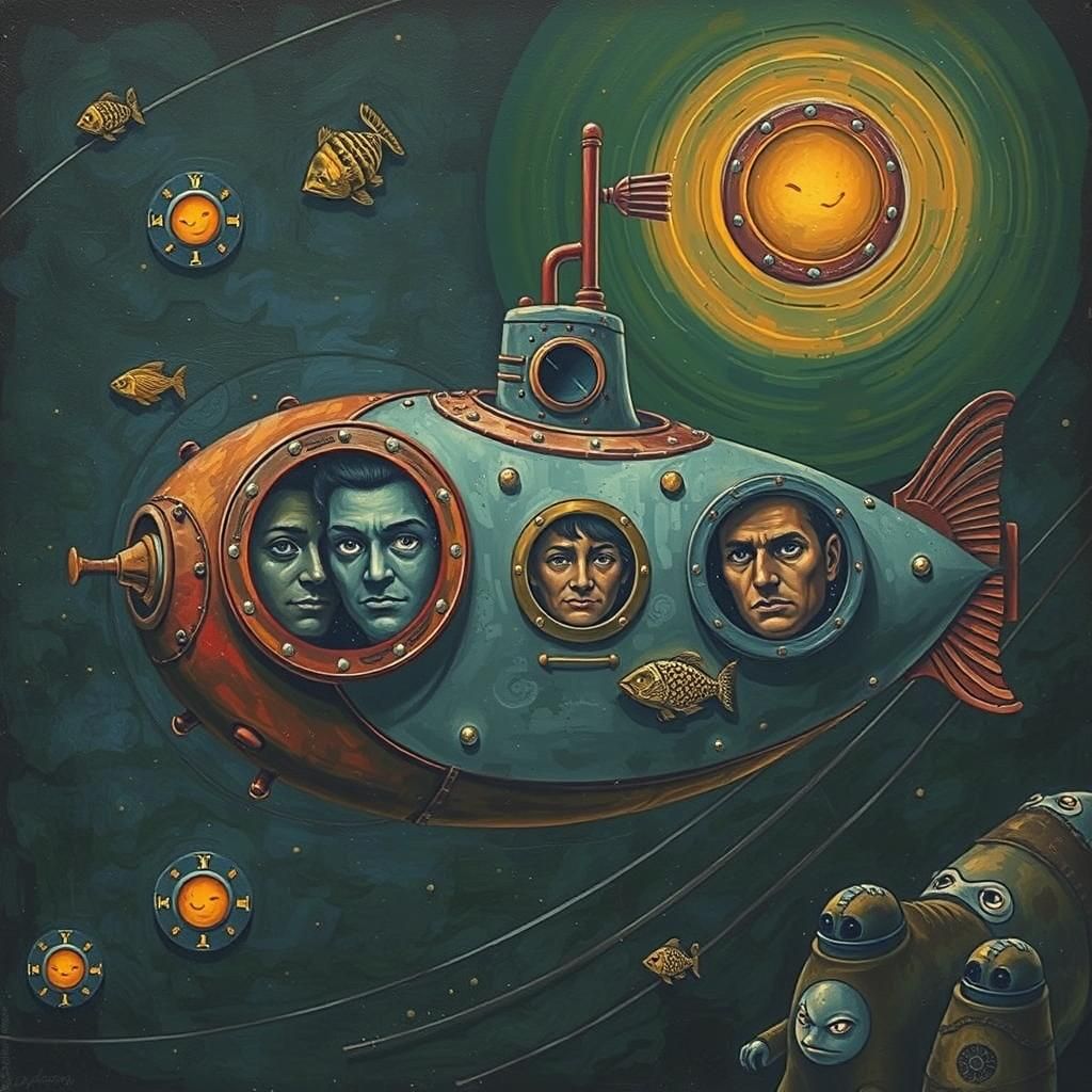 Psychedelic Submarine with Faces in Surreal Style