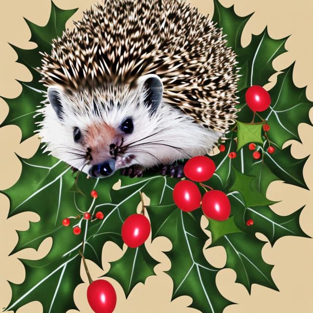 Hedgehog Foraging Next to Holly Berries