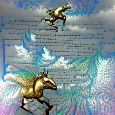 Steampunk Pegasus Prances Through Treetops: Woodcut Stipple