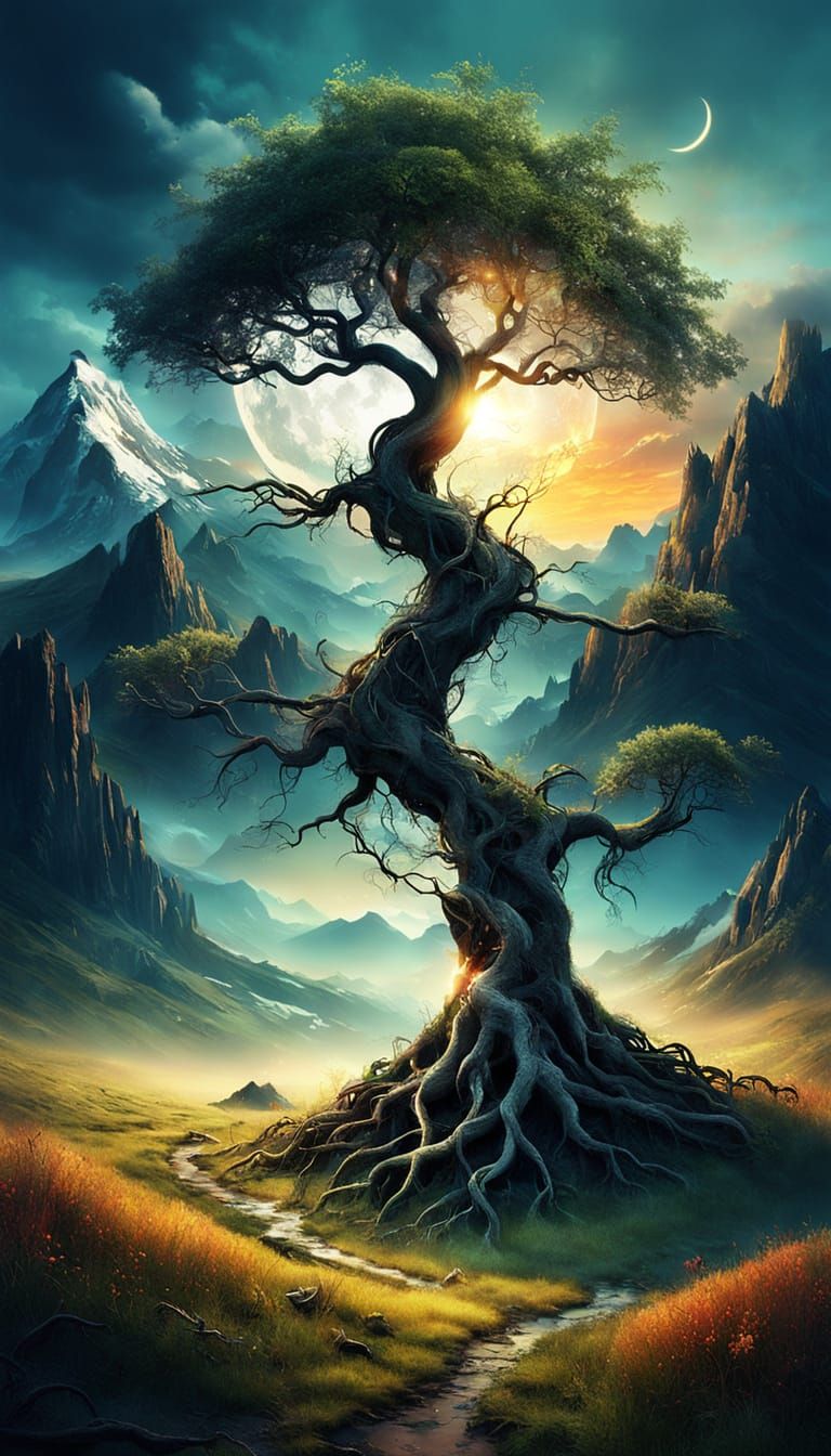 Surreal Sun and Moon Over Mountain Meadow