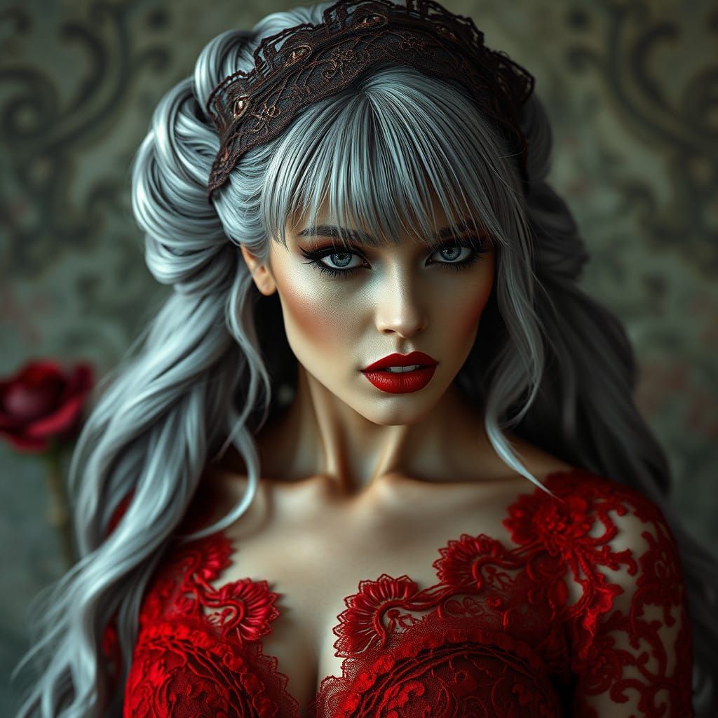 Elegant Grey-Haired Woman in Dramatic Red Lace Gown