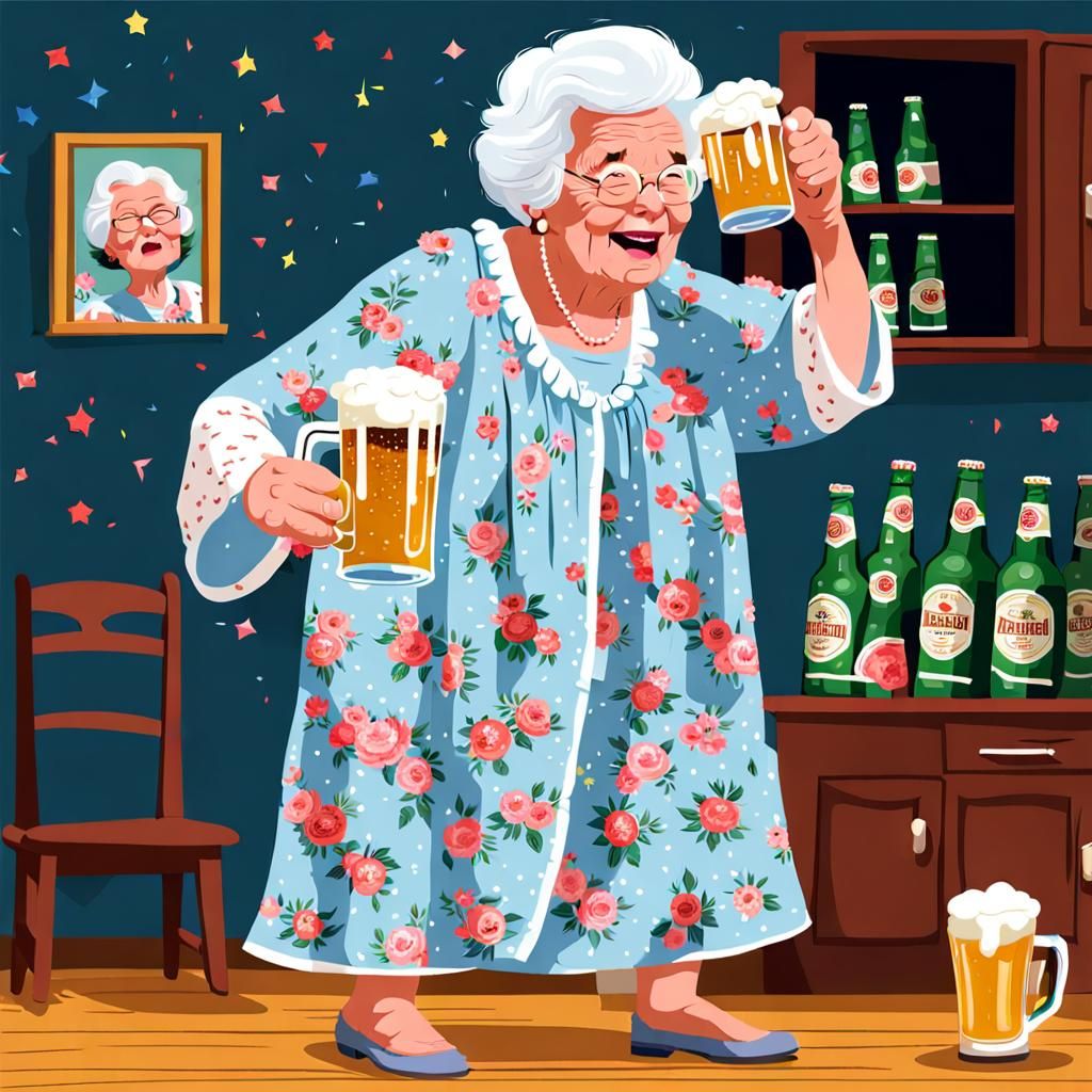 Grandma Dancing in Nightgown with Beer