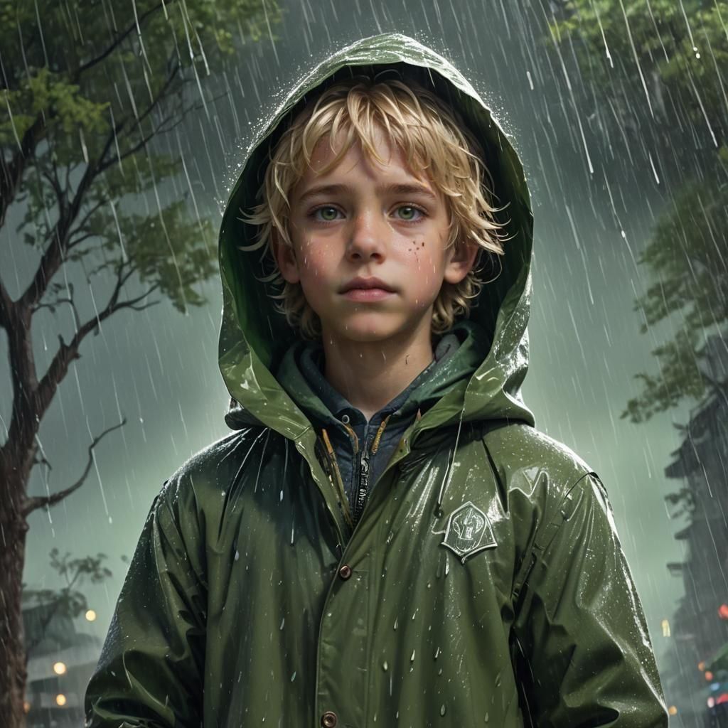 Boy in Green Raincoat, Detailed Matte Painting