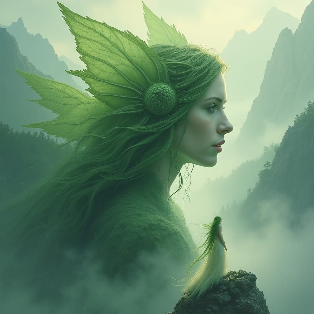 Mystical Druidic Woman Among Emerald Mountains