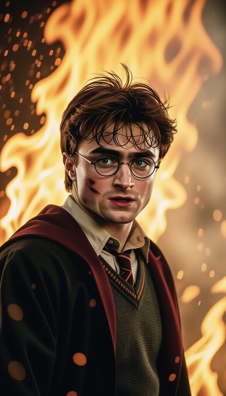 Harry Potter Engulfed in Flames: Cinematic Film Still