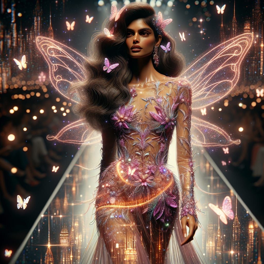Pink and Purple Fairy on Catwalk in Mixed Media