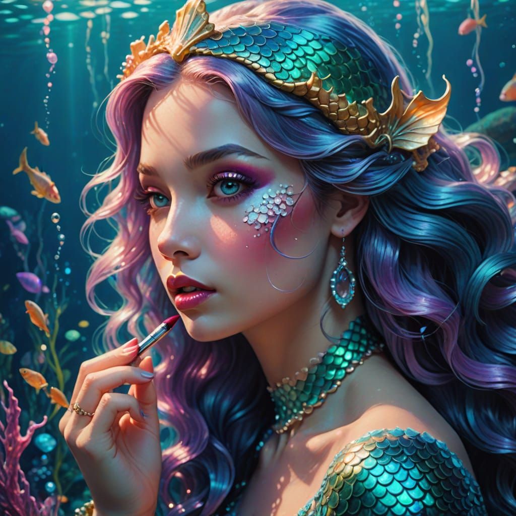 Mermaid Applying Lipstick in Whimsical Fantasy Art