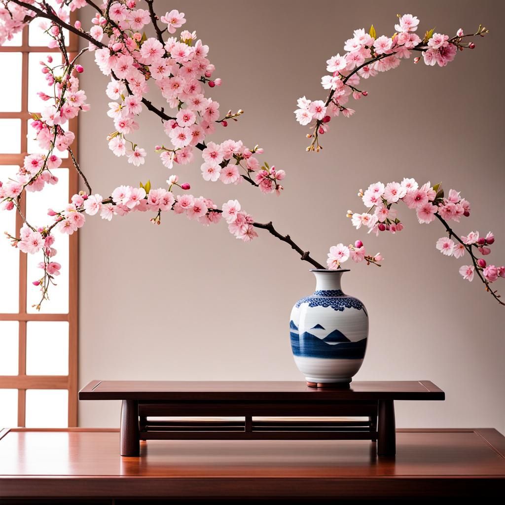 Ikebana Cherry Blossom Arrangement in Japanese Style