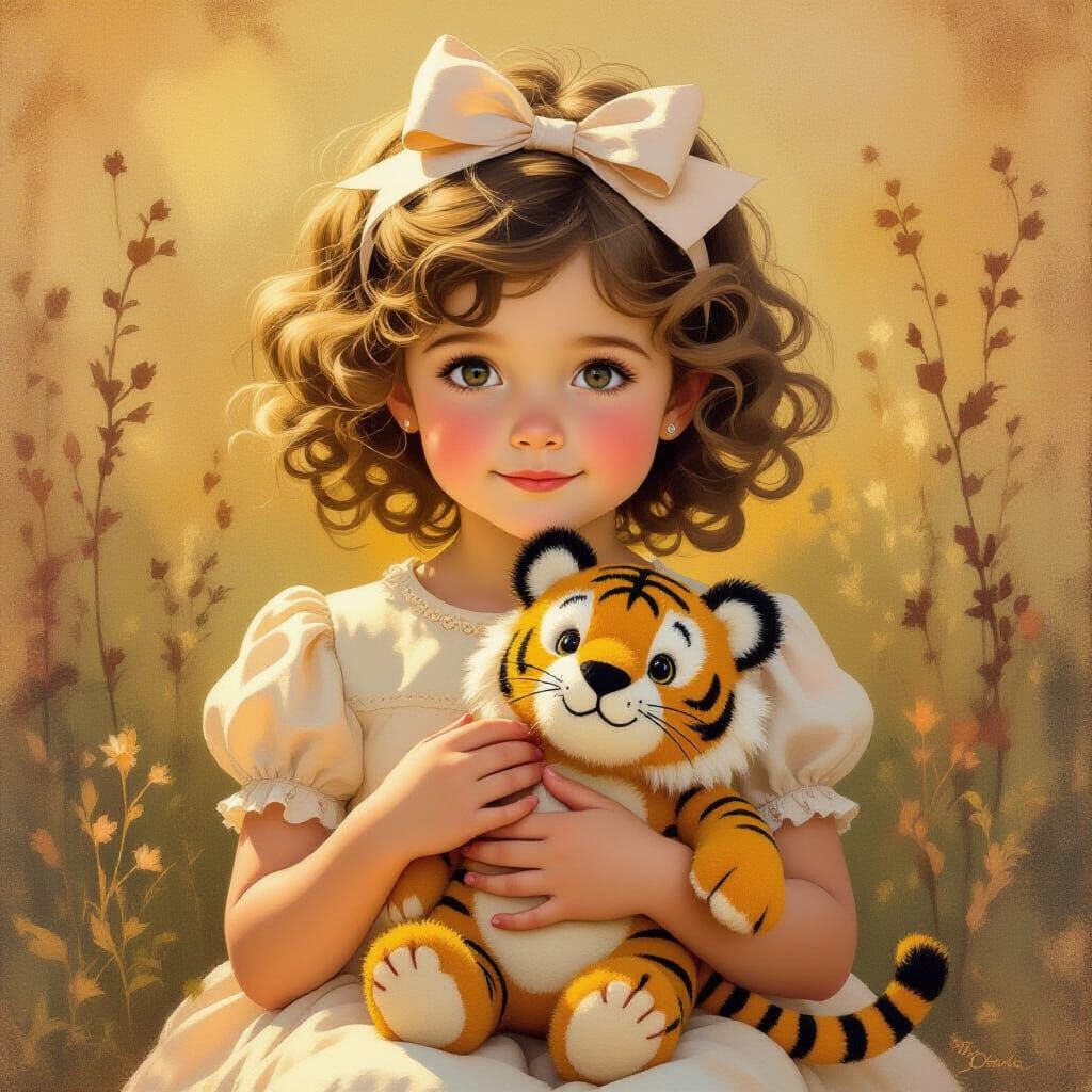 Girl with Tiger Toy in Whimsical Impressionist Style