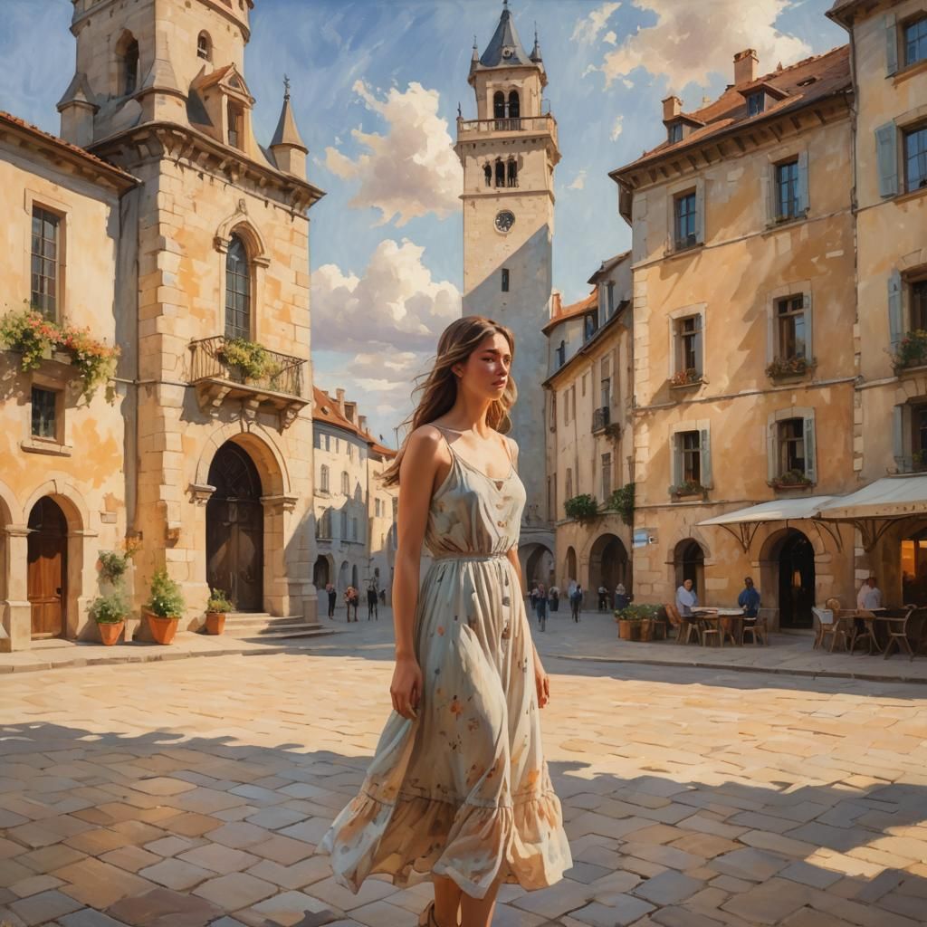 Woman at European Tower in Impressionist Style