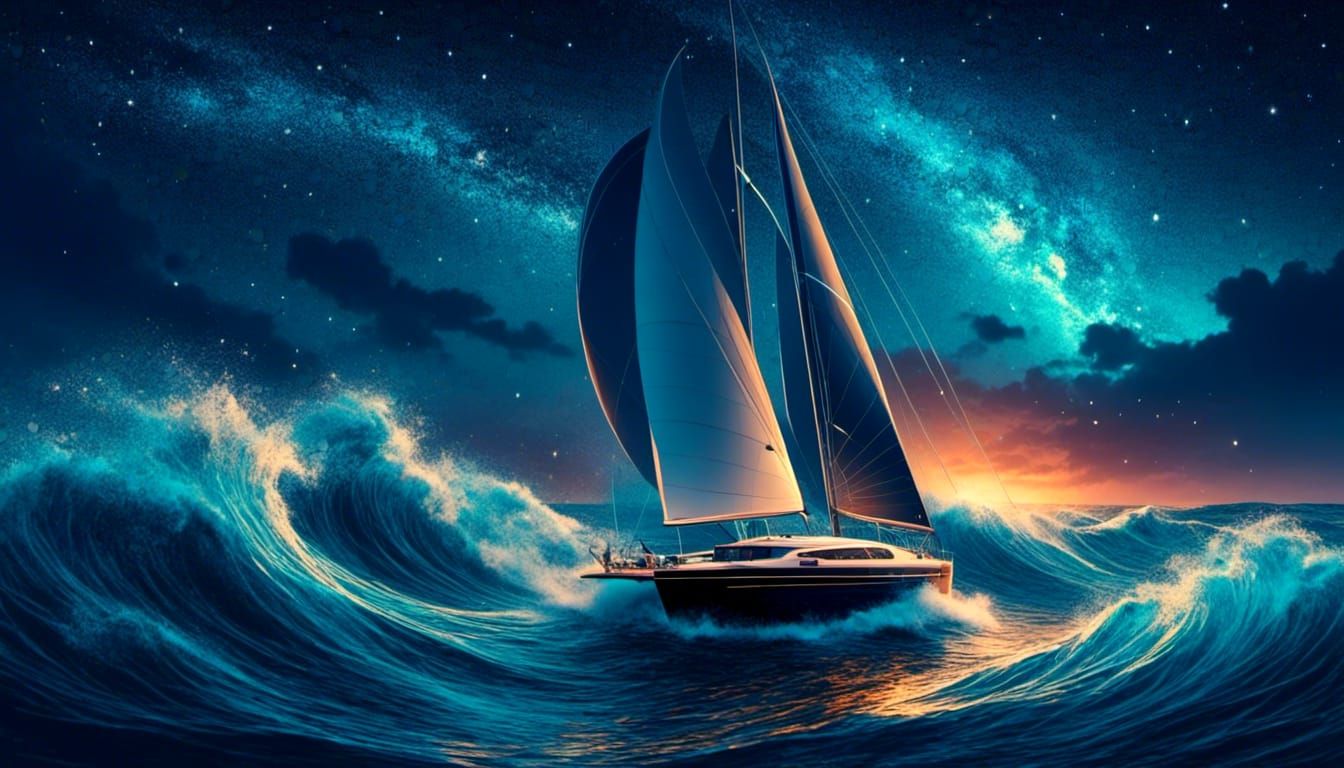 Sailing Yacht at Night Under Starry Sky