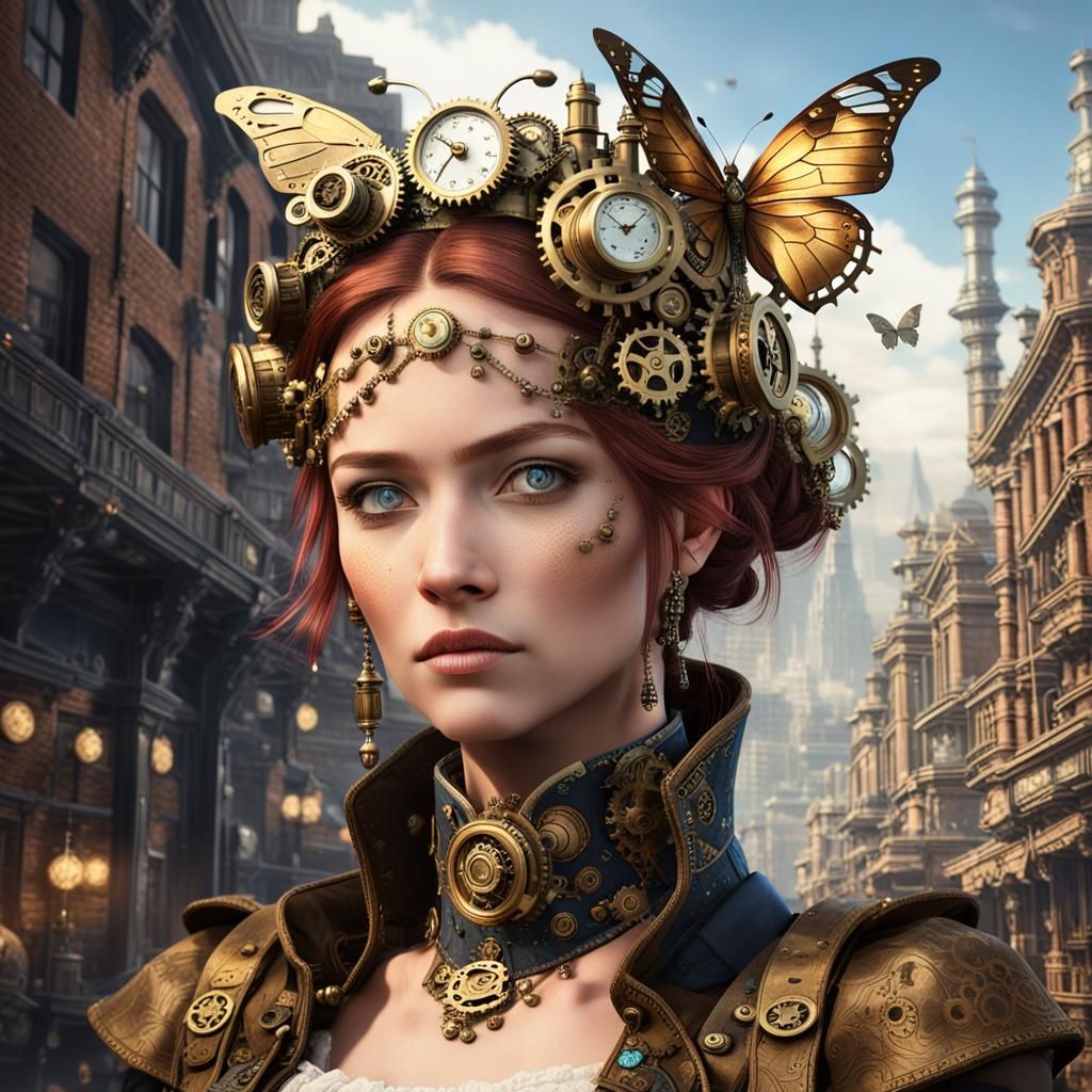 Steampunk Woman with Butterfly Crown in Bustling City