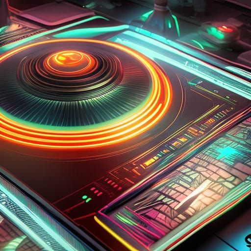 Turntables on UFO Spaceship, Cyberpunk Art
