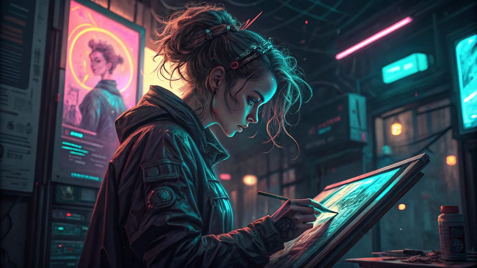 Cyberpunk Artist Girl Works Under Late Evening City Lights