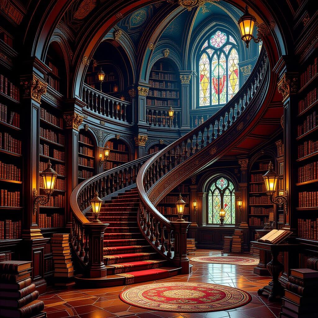 Majestic Fantasy Library with Sweeping Staircase