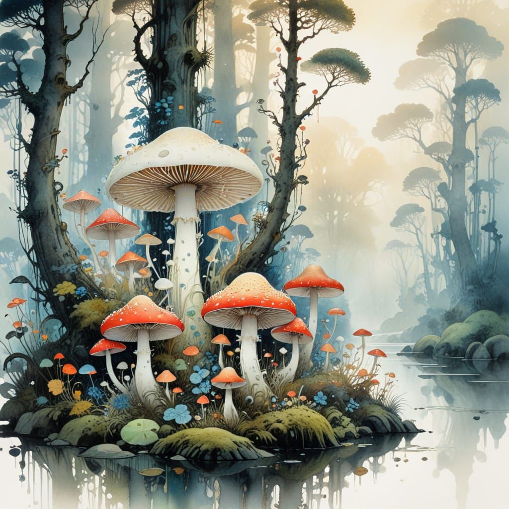 Misty Dawn in Enchanted Mushroom Forest, Watercolor Illustra...