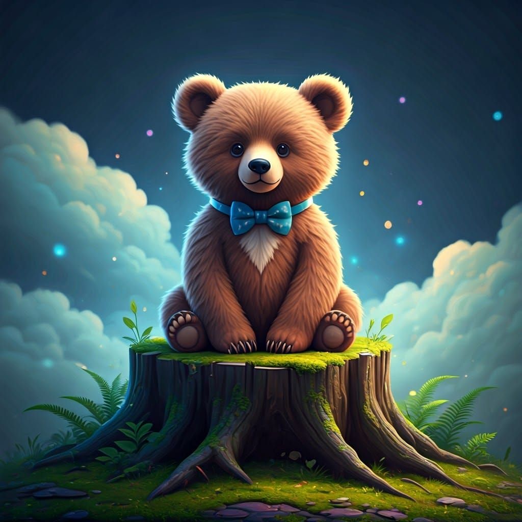 Adorable 3D Bear in Dreamy Fantasy Landscape