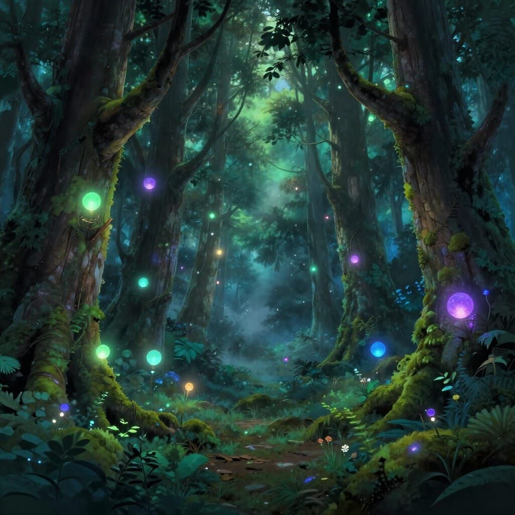 Mystical Twilight Forest With Glowing Orbs