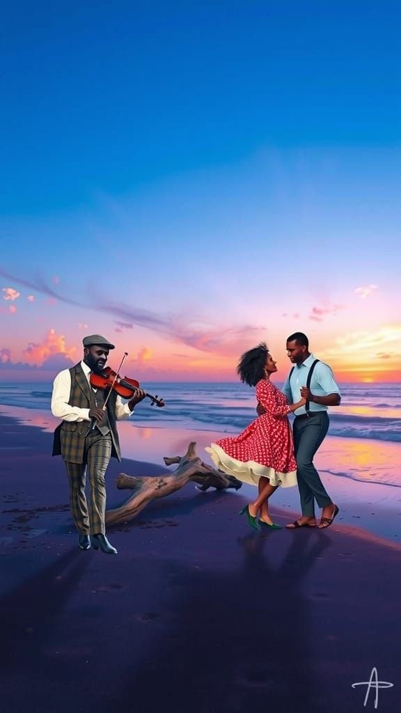 Couple Dancing at Sunset with Violinist on Beach