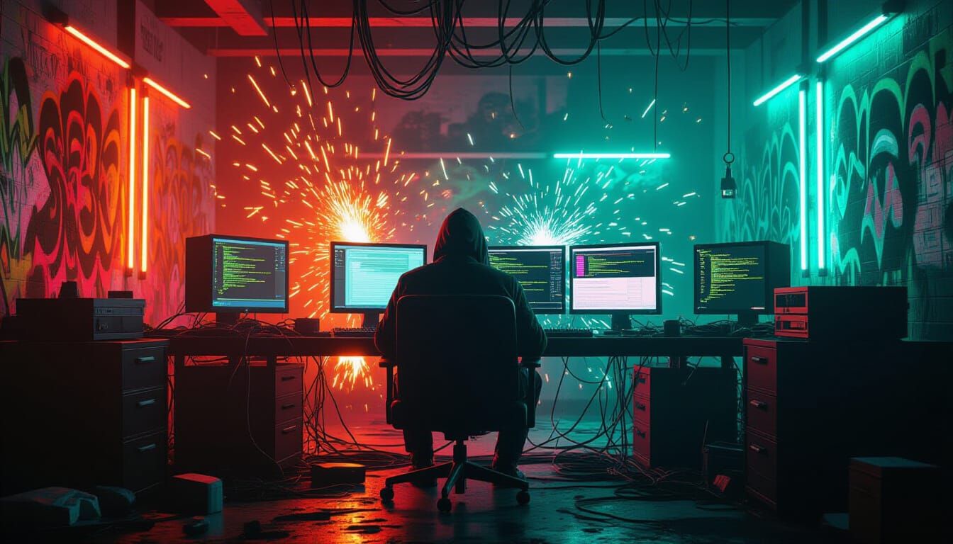 Cyberpunk Hacker in Neon Cable Explosion