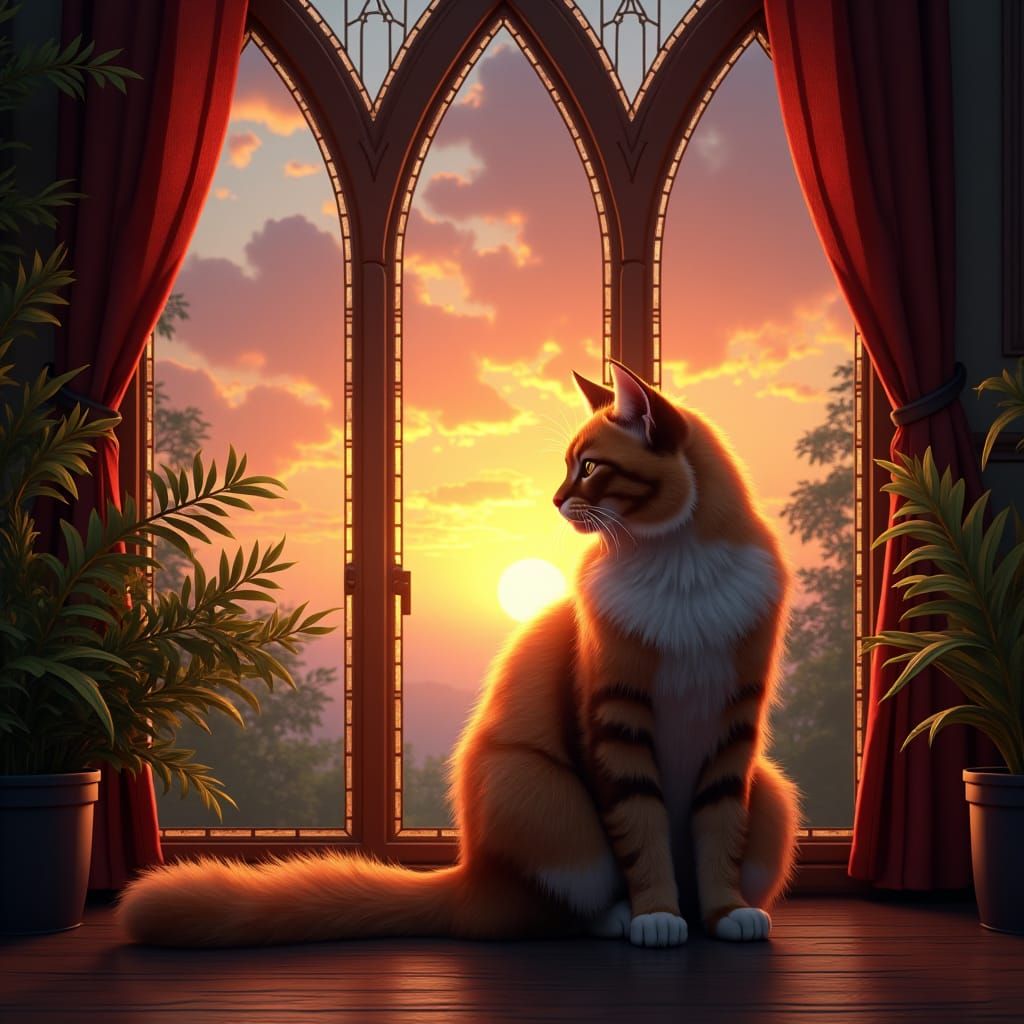 Majestic Cat in Ornate House at Sunset