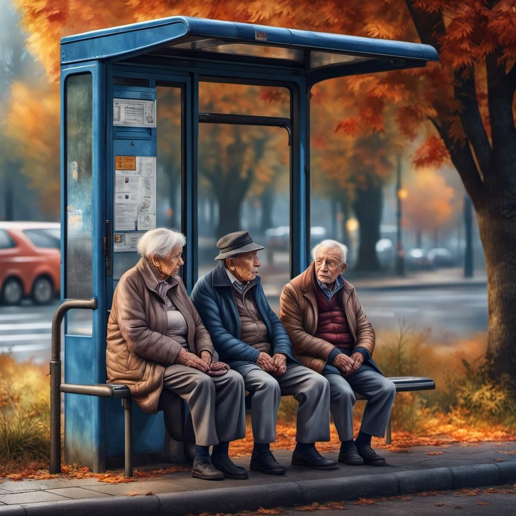 Elderly Couple at Bus Stop in Watercolor Autumn