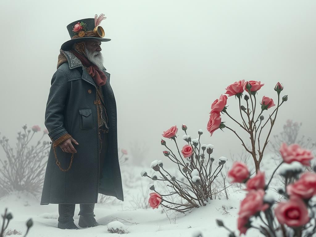 Steampunk Figures in a Surreal Snowy Landscape