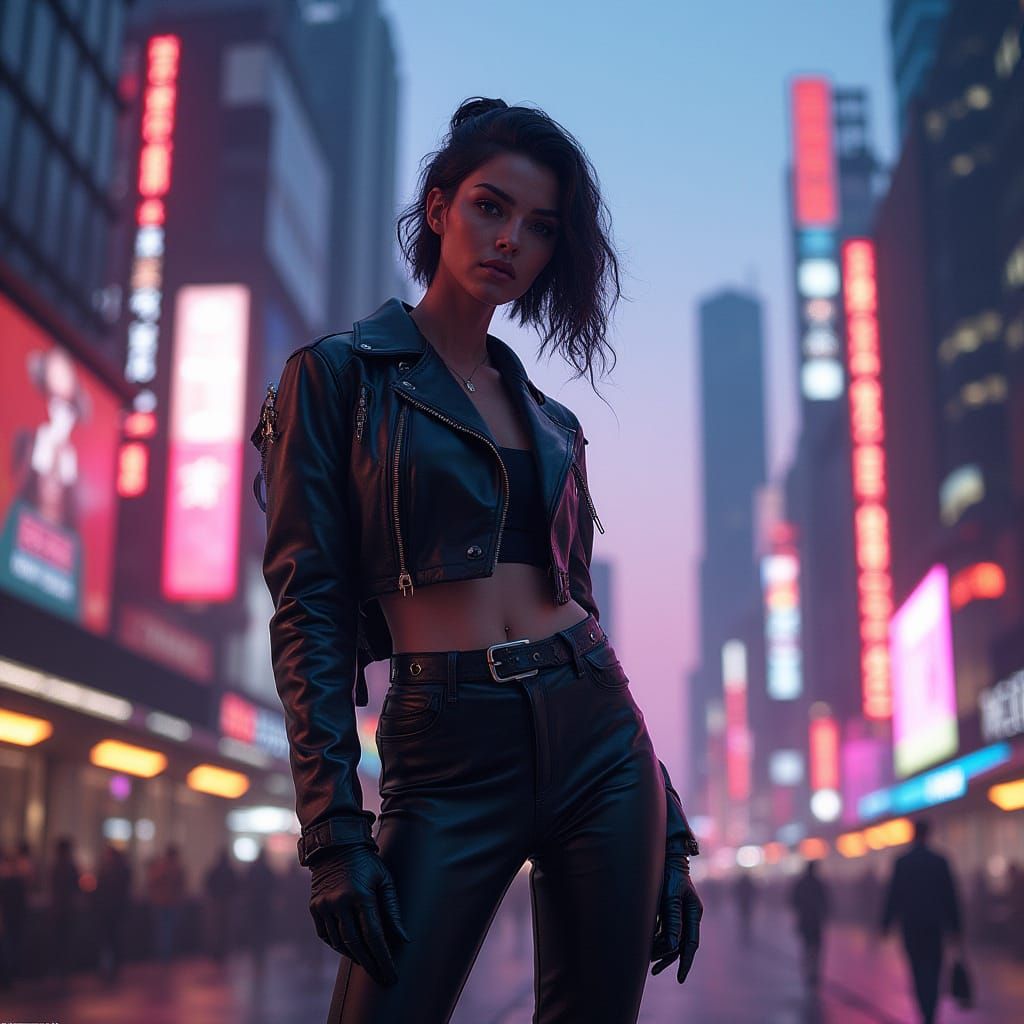 Cyberpunk Figure in Neon Cityscape