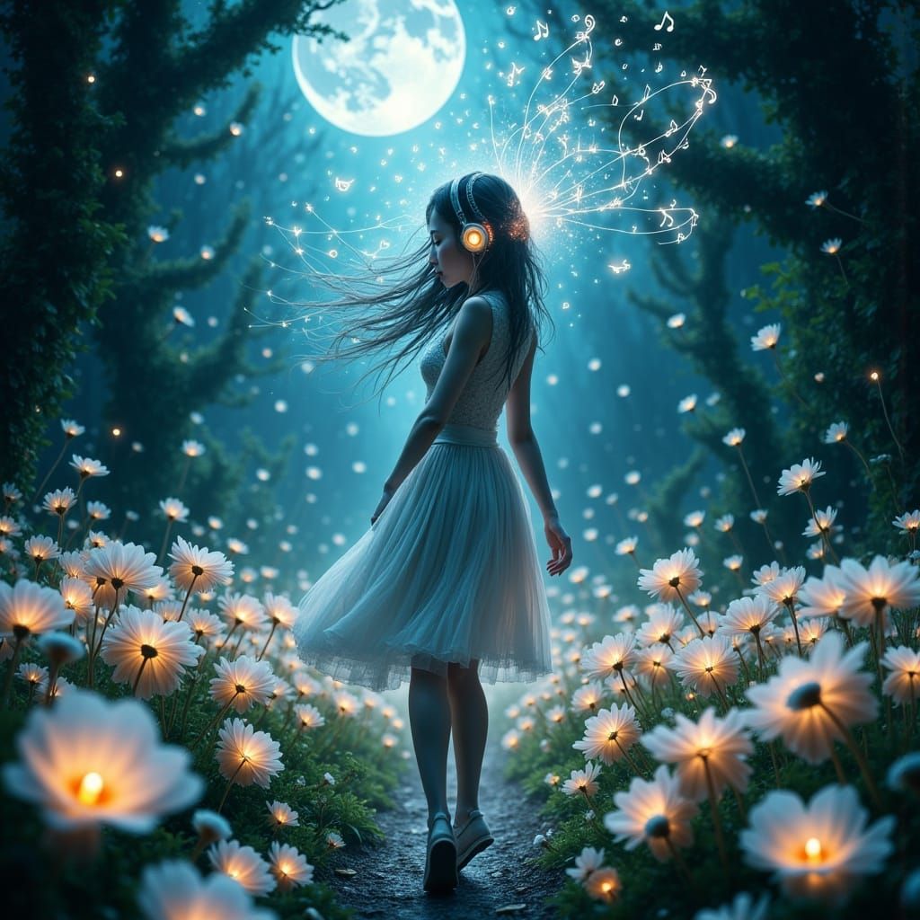 Girl in Bioluminescent Garden with Glowing Headphones